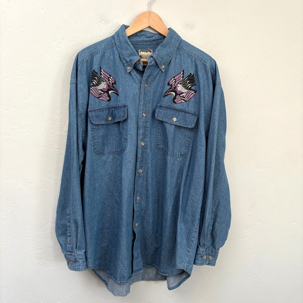 Vintage Maya Chambray Shirt Men XL Blue Button Down Native American Image Flaws
